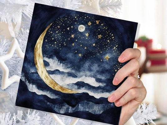 Crescent Moon Greeting Card Prussian Blue and Gold Watercolour Night Sky Stars Beautiful Sea Ocean Waves Greetings Cards for Family Friends