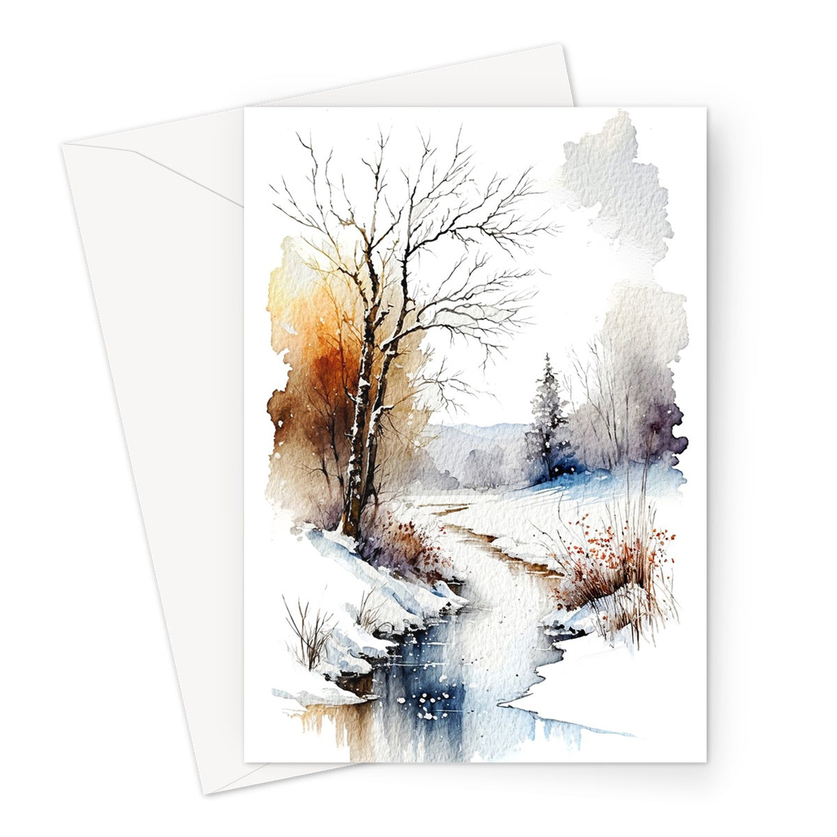 Watercolour Winter Snowy Landscape Painting Greeting Card