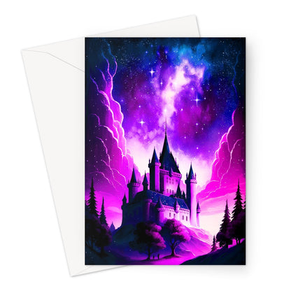 Pink and Purple Aurora Borealis Over A White Fairytale Castle On A Cliff Greeting Card