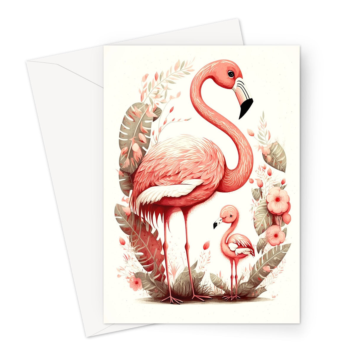 Cute Adorable Mother and Baby Flamingo Illustration Greeting Card