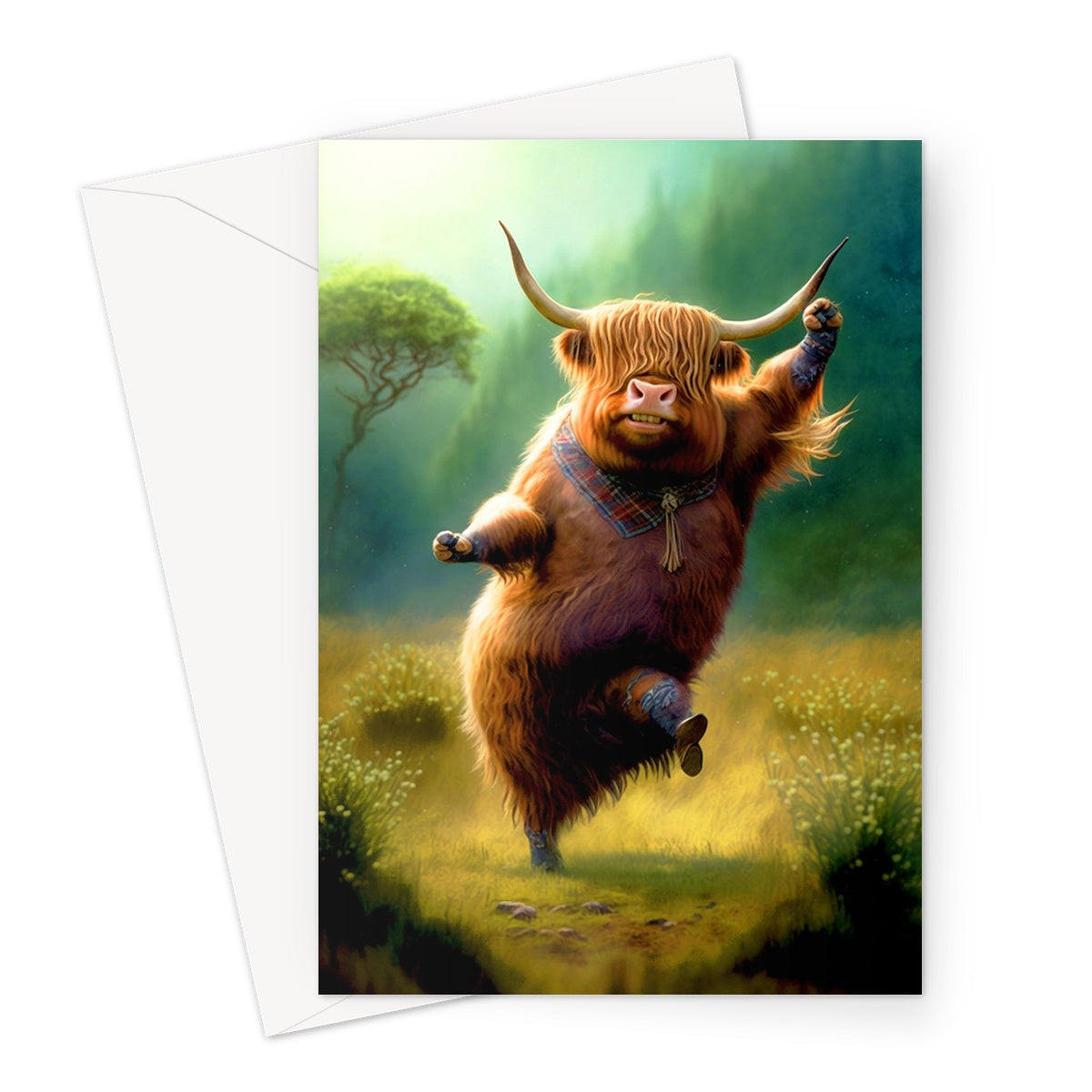 Highland Cow Dancing Twirling a Scottish Jig Greeting Card