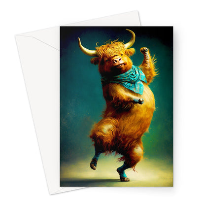 Highland Cow Shaking Dancing a Scottish Jig Greeting Card