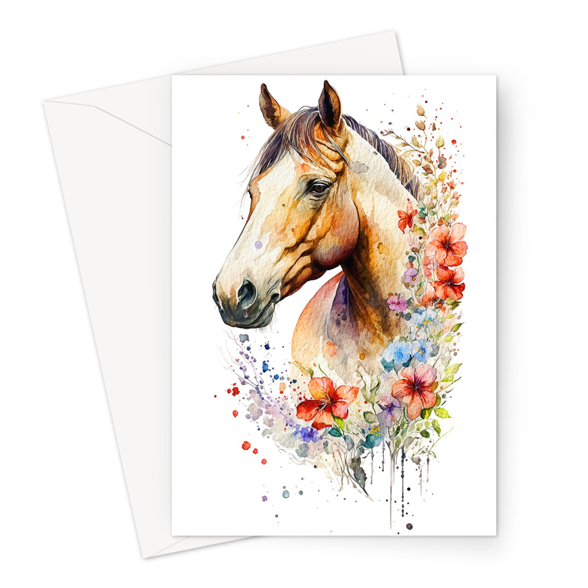 Watercolour Beautiful Horse With Flowers Painting Greeting Card