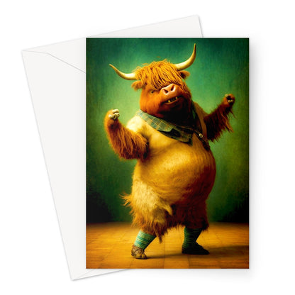 Highland Cow Swaying Dancing a Scottish Jig Greeting Card