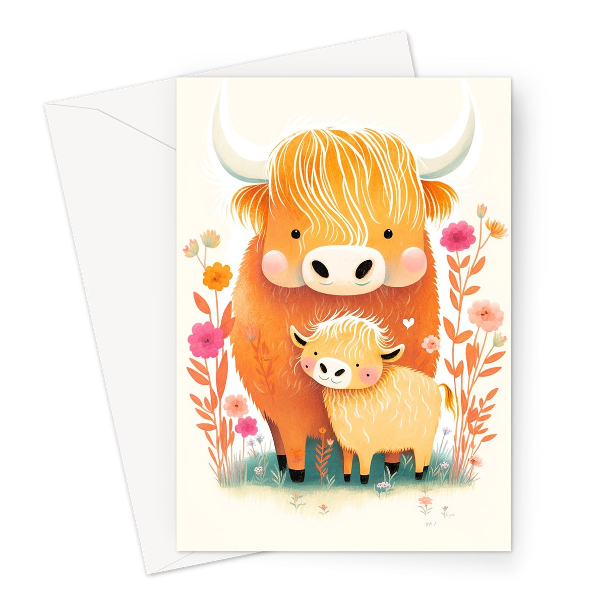 Cute Whimsical Mother and Baby Highland Cow Greeting Card