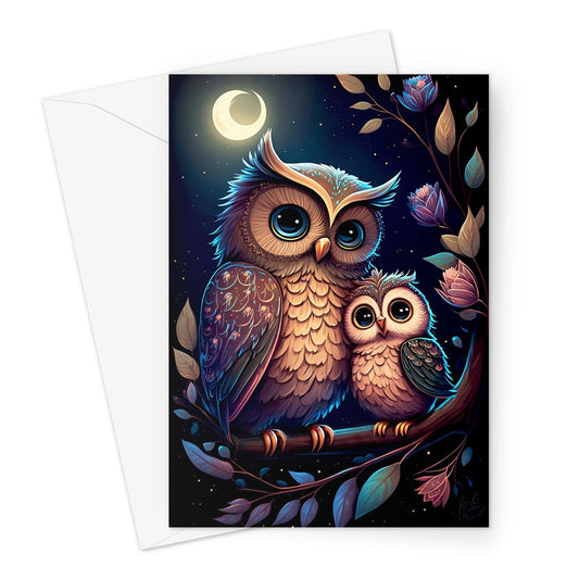 Exquisitely Beautiful Mother and Baby Owl Illustration Greeting Card