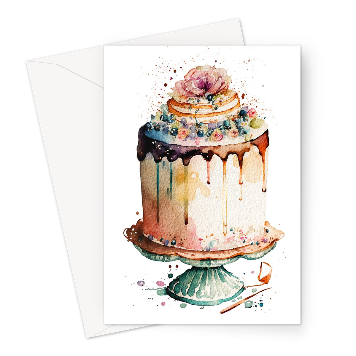 Watercolour Fluffy Birthday Cake Painting Greeting Card