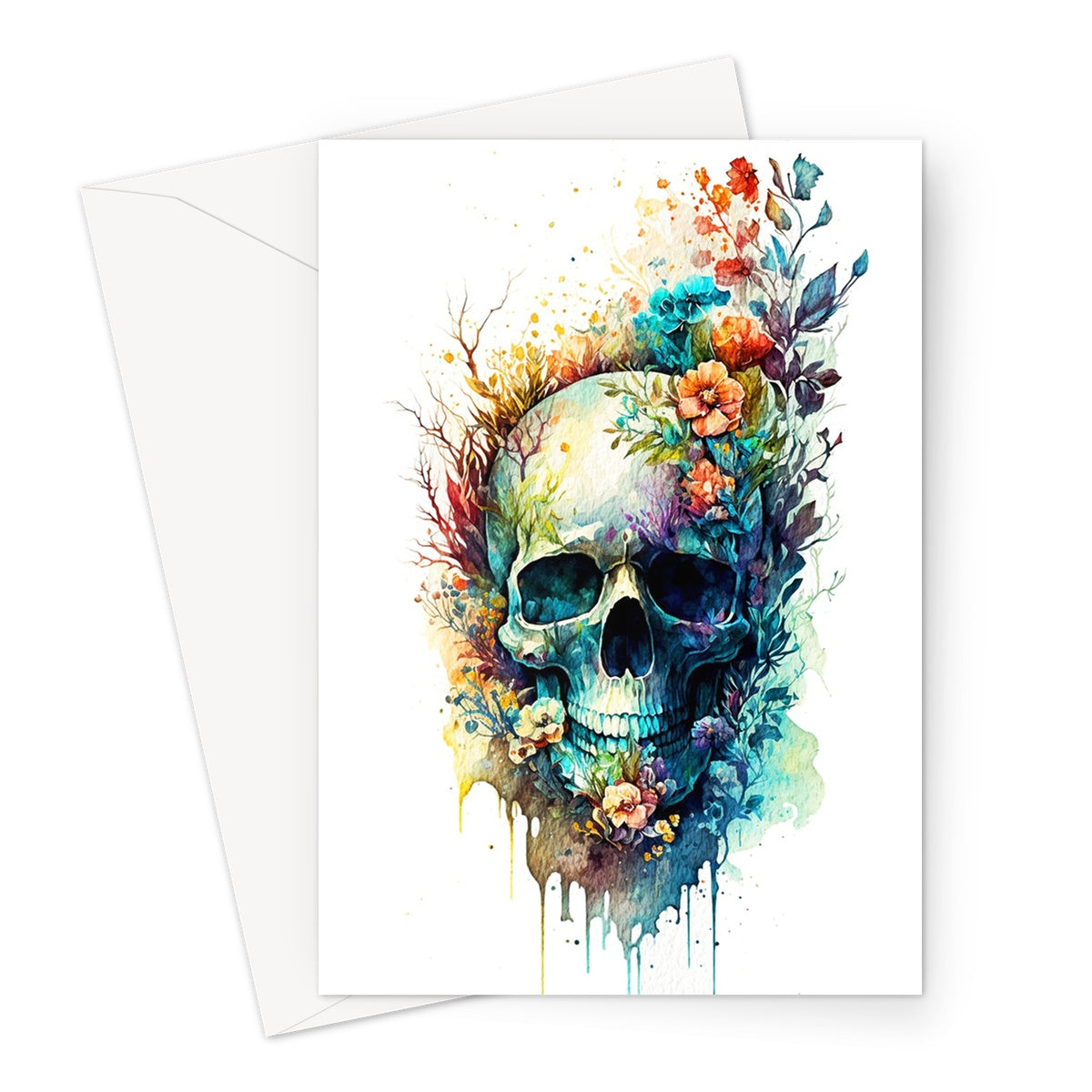 Watercolour Enchanting Mystical Skull and Flowers Painting Greeting Card