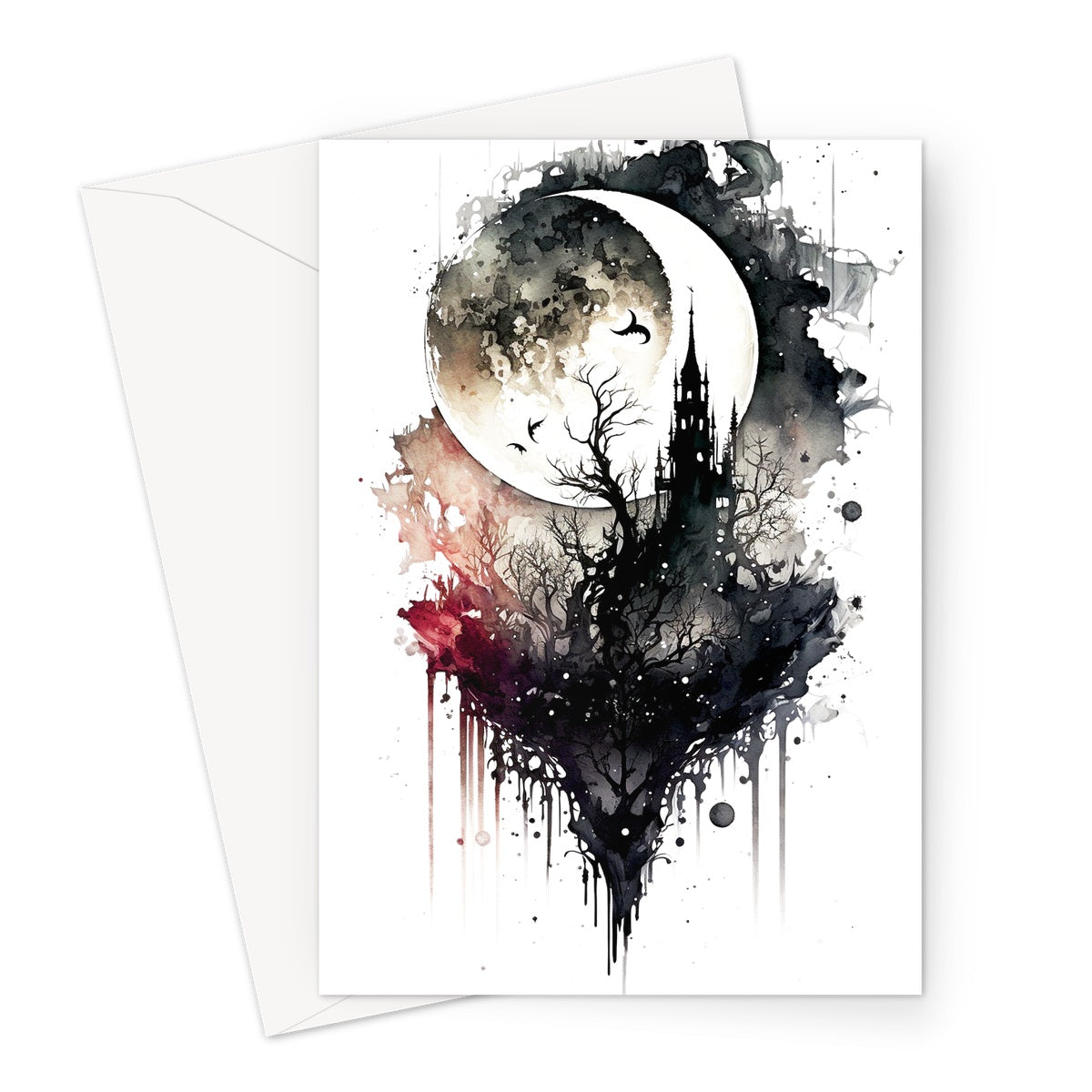 Dark Gothic Moon Messy Ink Tower Castle Cliff and Wash Greeting Card