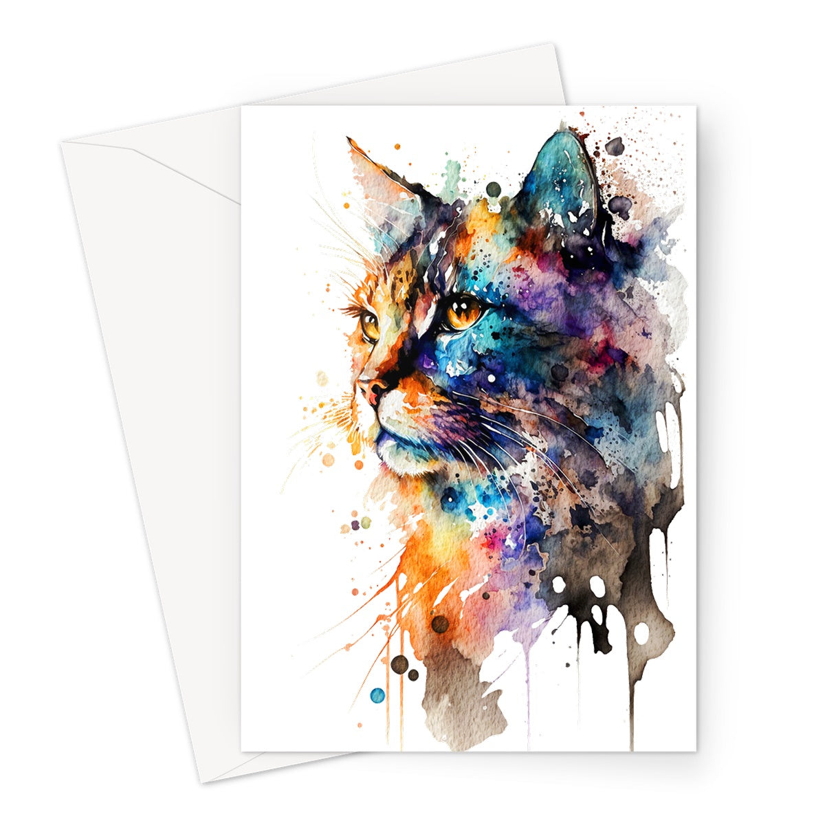 Watercolour Abstract Whimsical Cat Painting Greeting Card