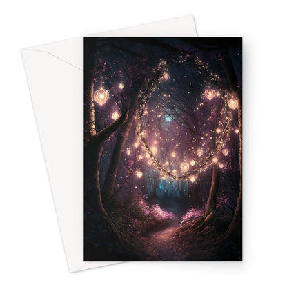 Romantic Lights In Magical Garden With Mystical Whimsical Fireflies Greeting Card