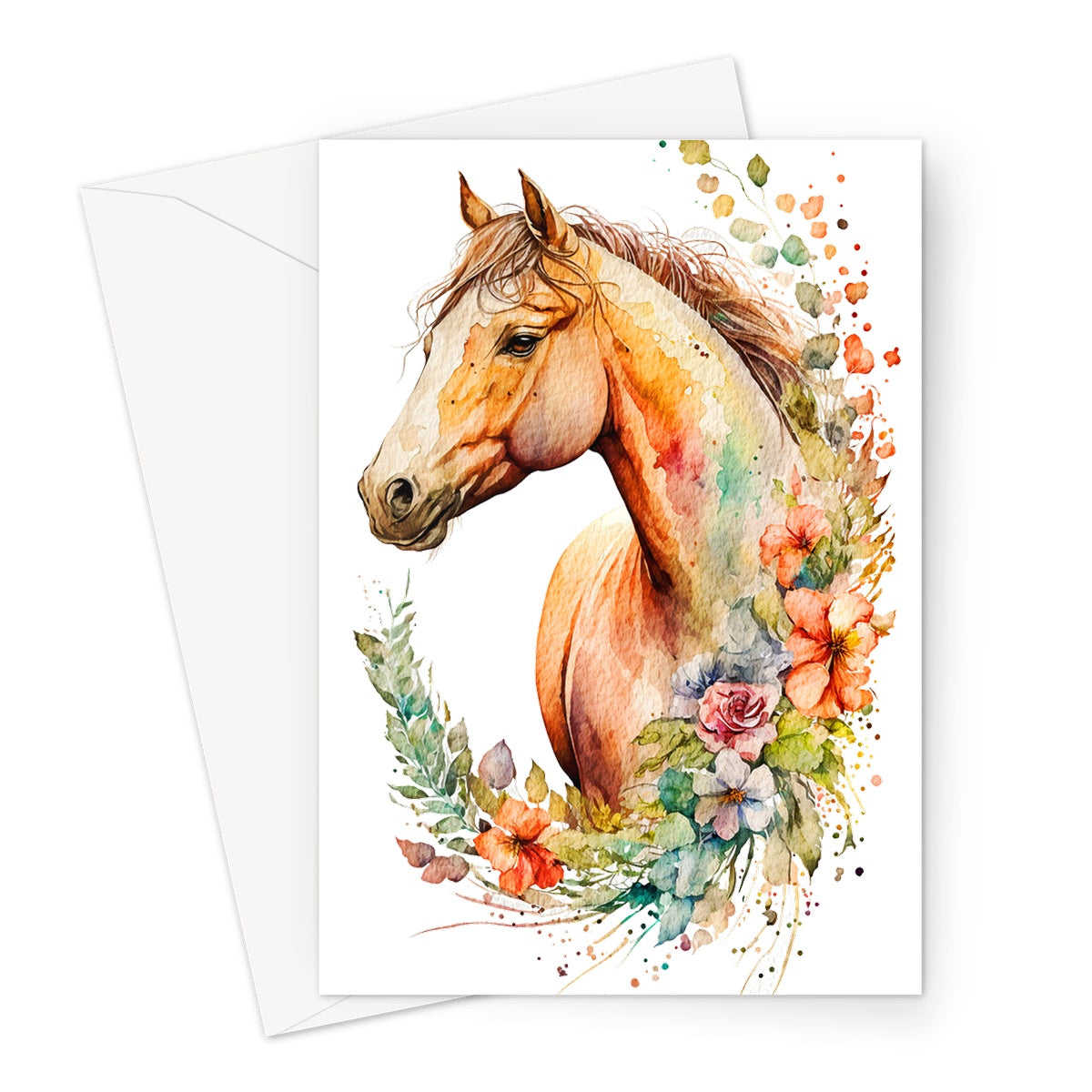 Watercolour Glamourous Horse With Flowers Painting Greeting Card