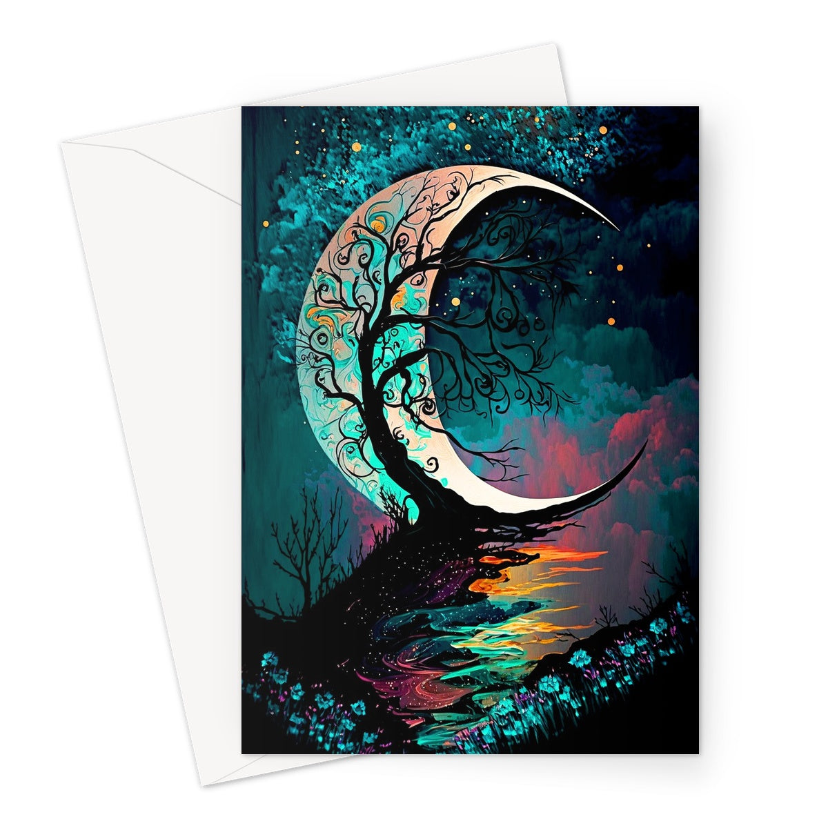 Whimsical Moon Silhouette Tree Painting Greeting Card