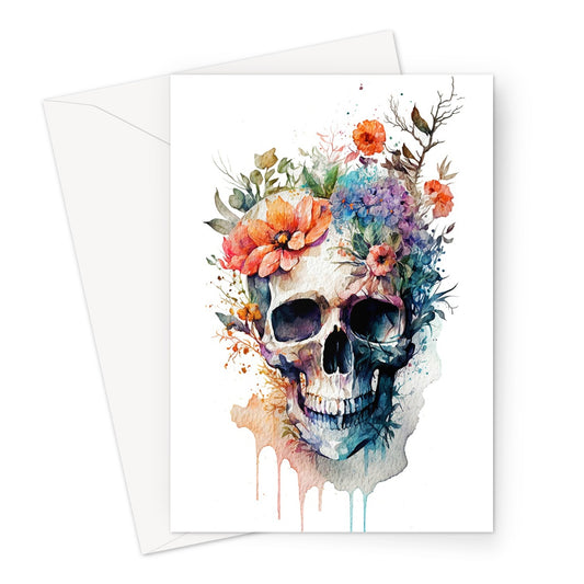 Watercolour Beautiful Skull and Flowers Painting Greeting Card