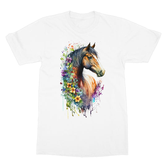 Watercolour Stunning Horse With Beautiful Flowers Painting Softstyle T-Shirt