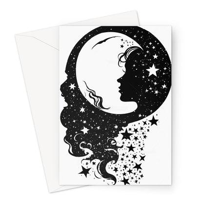 Black Vector Silhouette Lady Moon and Stars Greeting Card