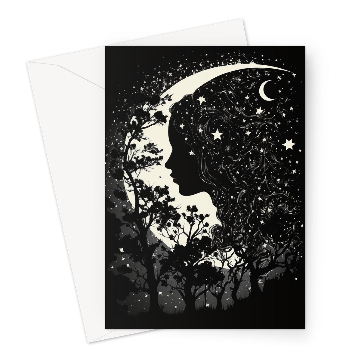 Black Silhouette Lady Moon Stars and Nature Greeting Card