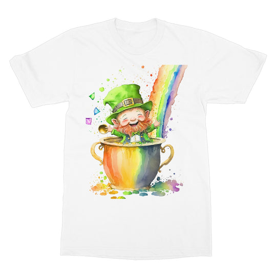 Cute Adorable Watercolor Leprechaun Pot of Gold Rainbow  Softstyle T-Shirt