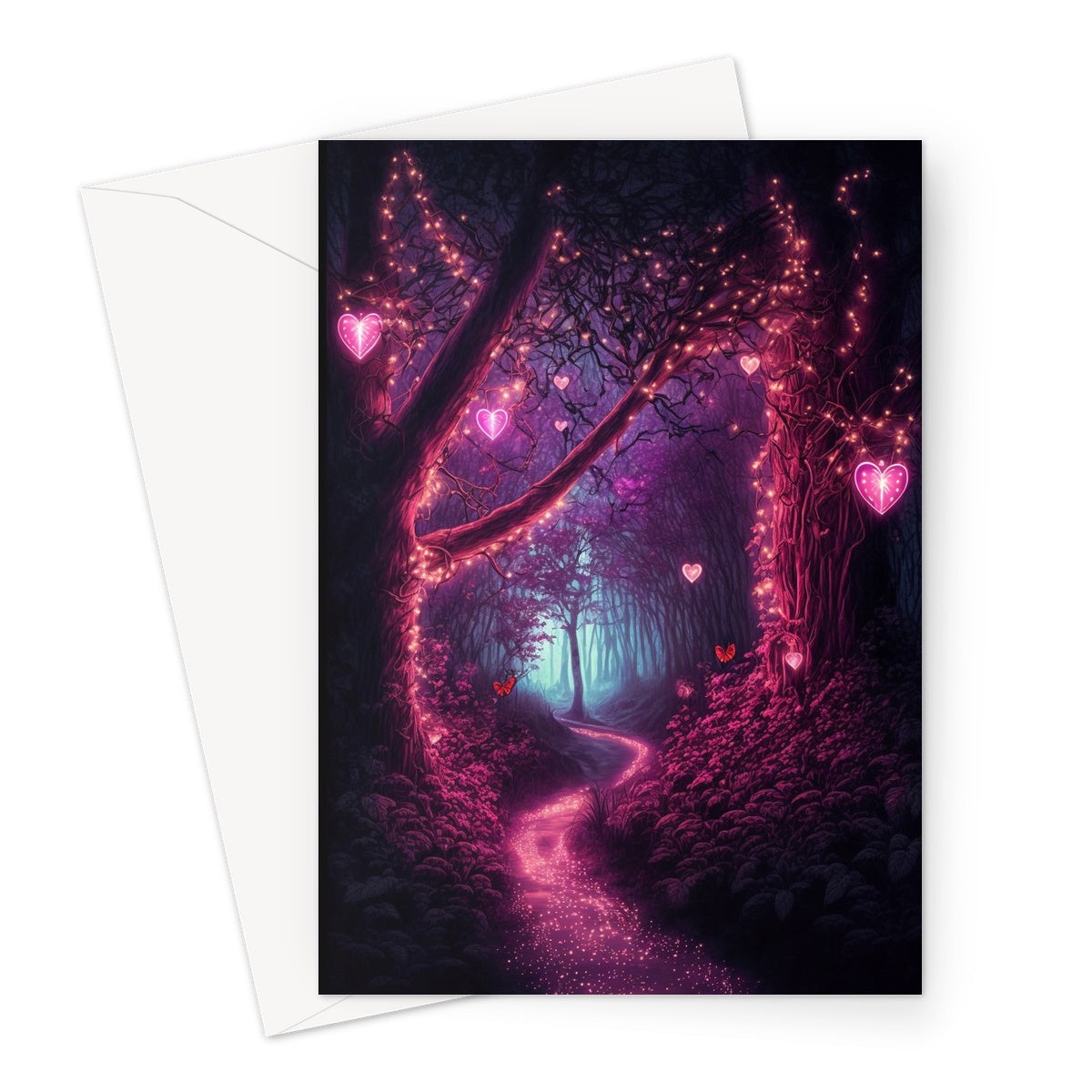 Romantic Magical Garden with Heart-Shaped Lights and Mystical Whimsical Night Butterflies Greeting Card