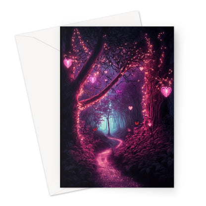 Romantic Magical Garden with Heart-Shaped Lights and Mystical Whimsical Night Butterflies Greeting Card