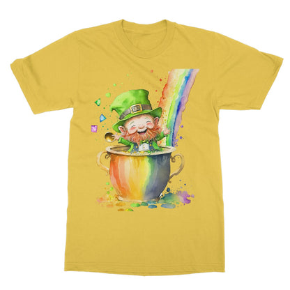 Cute Adorable Watercolor Leprechaun Pot of Gold Rainbow  Softstyle T-Shirt