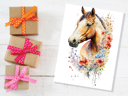 Watercolour Beautiful Horse With Flowers Painting Greeting Card