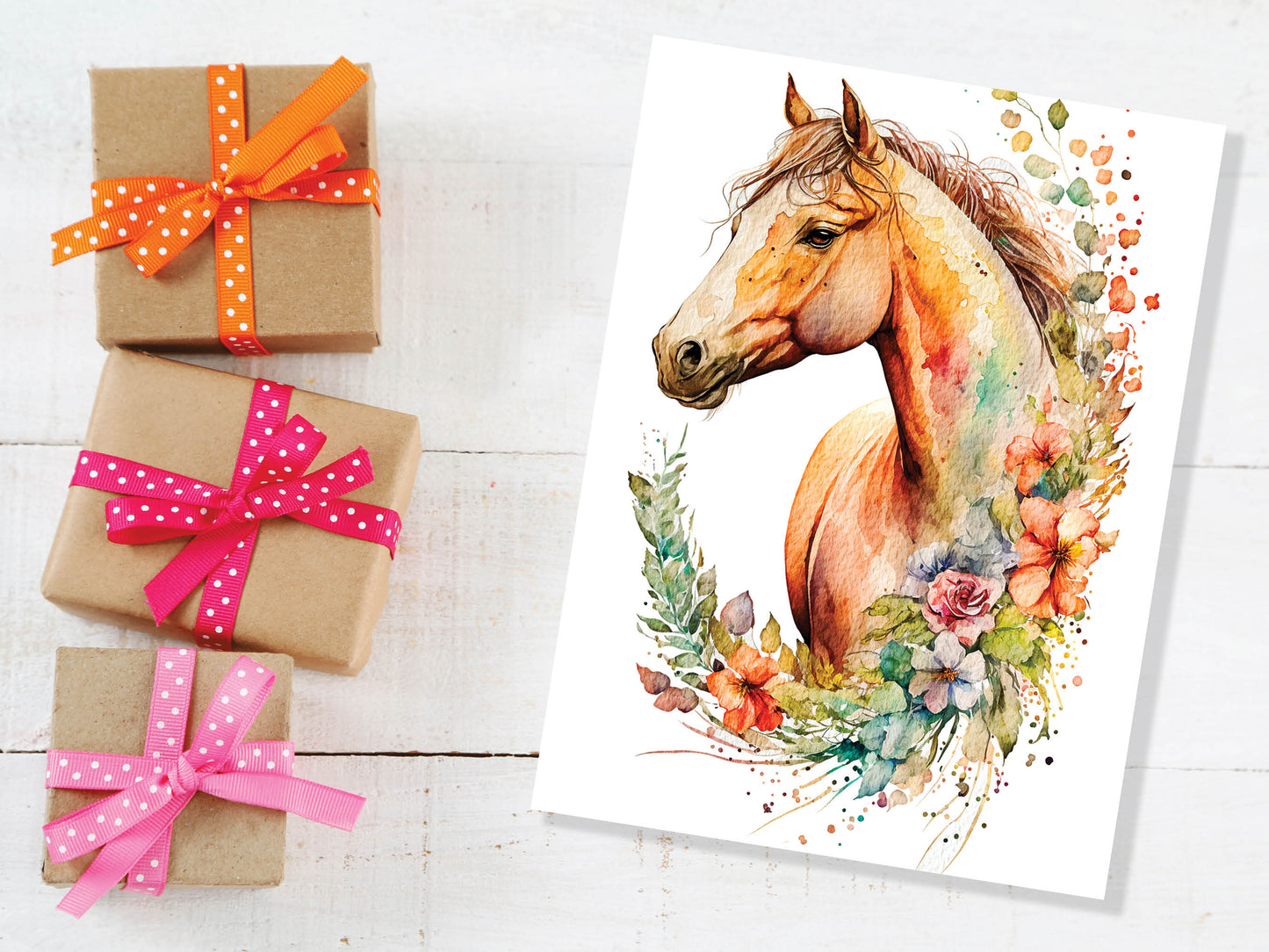 Watercolour Glamourous Horse With Flowers Painting Greeting Card