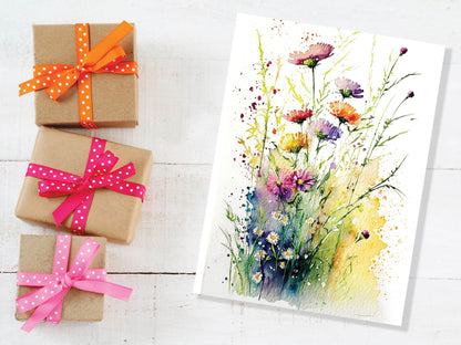 Watercolour Beautiful Field of Flowers Painting Greeting Card