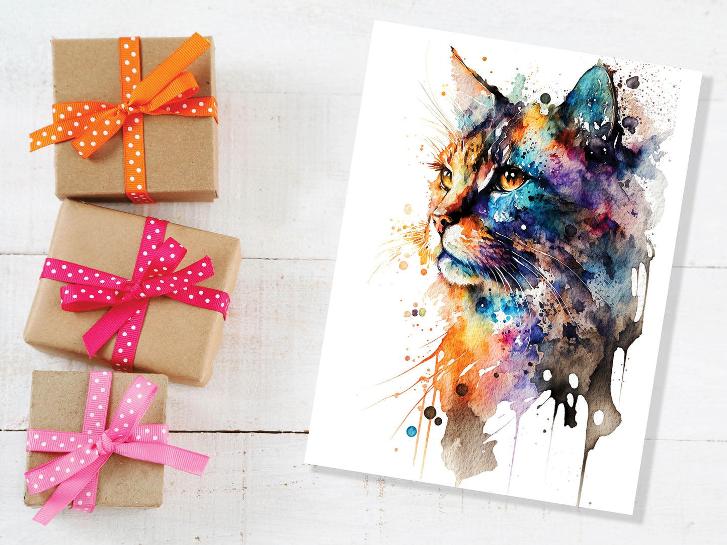 Watercolour Abstract Whimsical Cat Painting Greeting Card