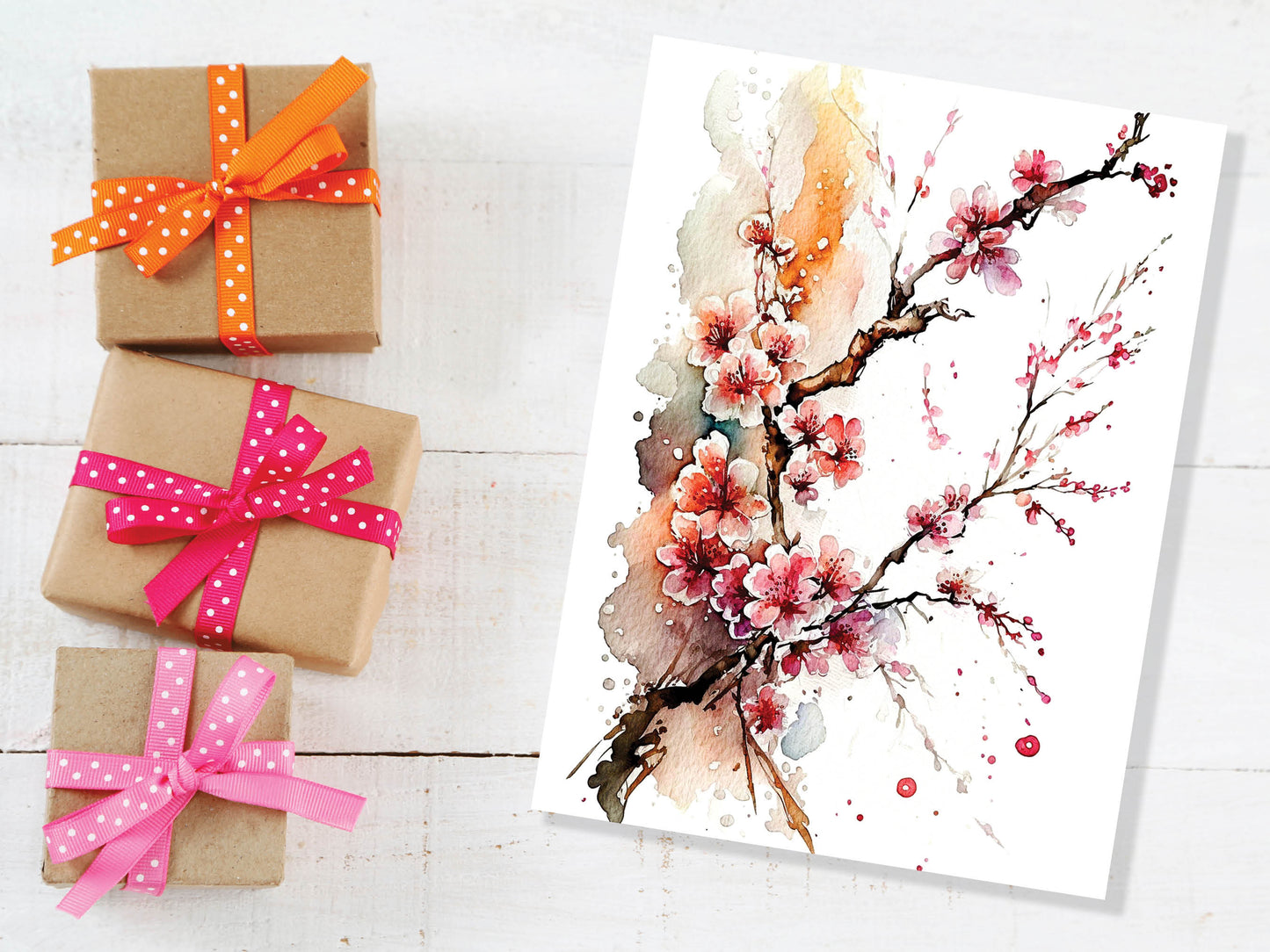 Watercolour Japanese Cherry Blossom Painting Greeting Card