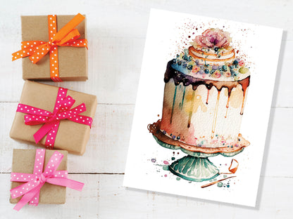 Watercolour Fluffy Birthday Cake Painting Greeting Card