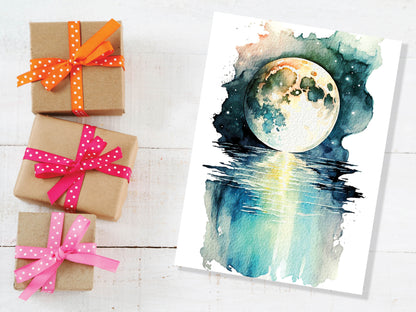 Watercolour Mystical Enchanting Moon Over Water Painting Greeting Card