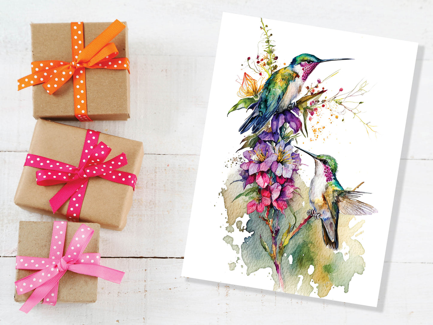 Watercolour Majestic Delightful Hummingbirds and Flowers Painting Greeting Card