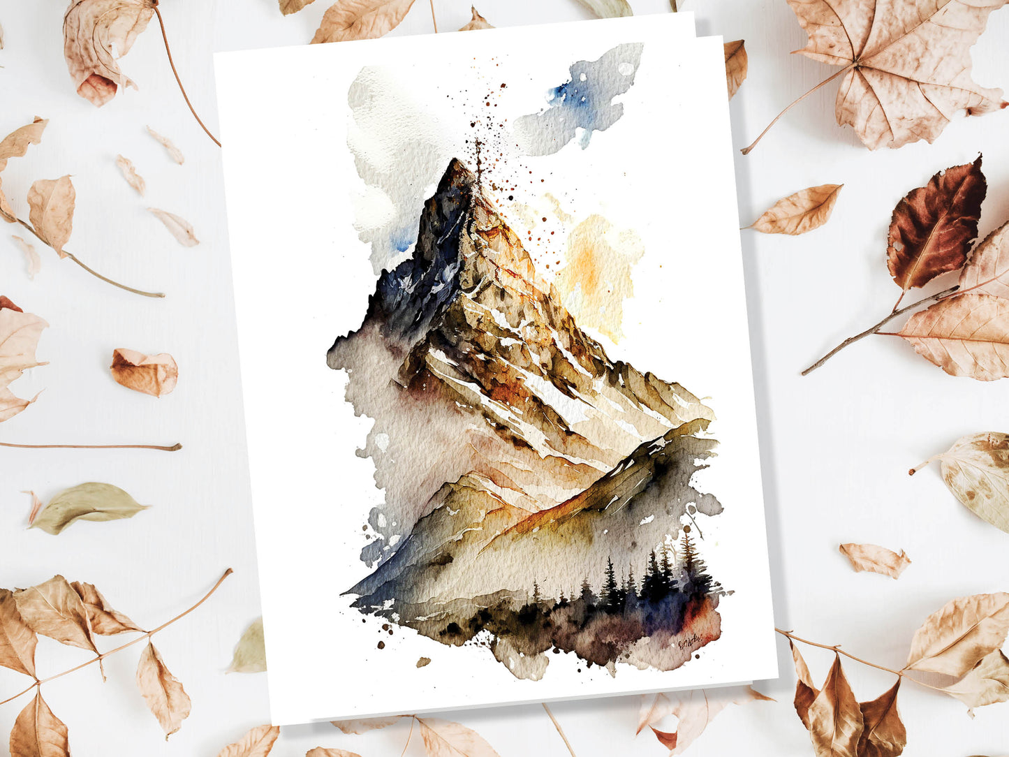 Watercolour Enchanting Mystical Mountain Painting Greeting Card