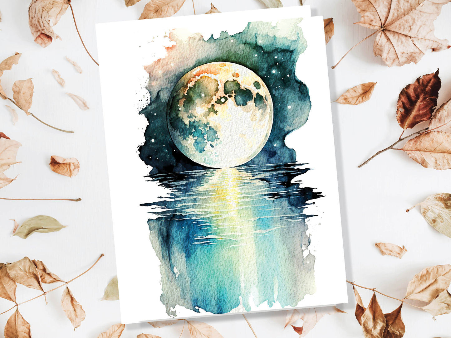 Watercolour Mystical Enchanting Moon Over Water Painting Greeting Card