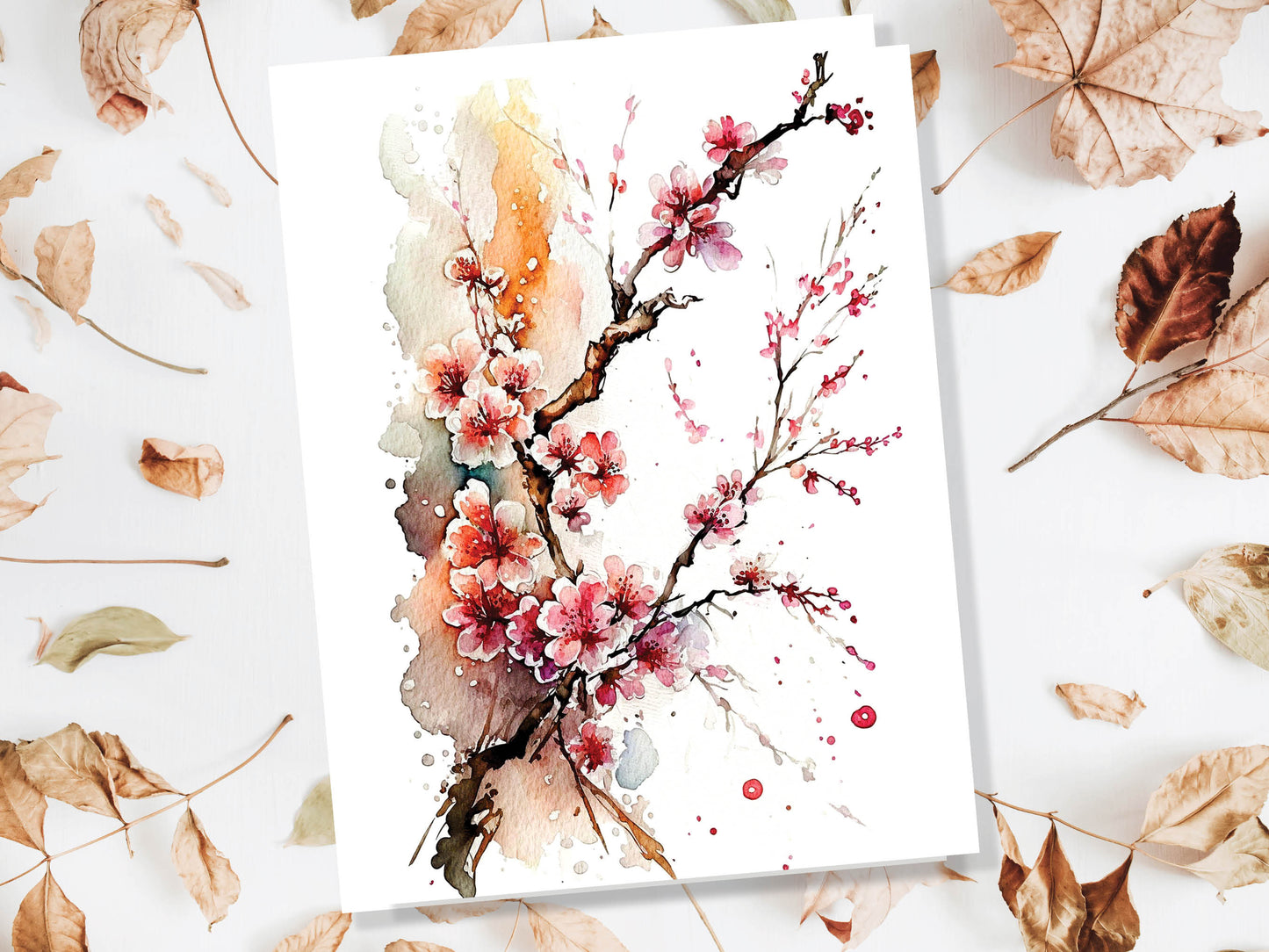 Watercolour Japanese Cherry Blossom Painting Greeting Card