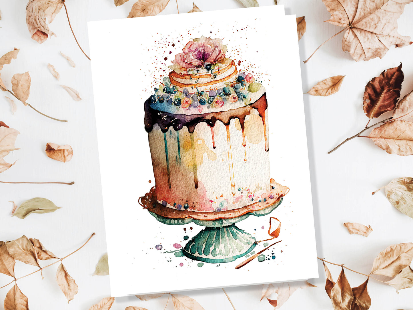 Watercolour Fluffy Birthday Cake Painting Greeting Card