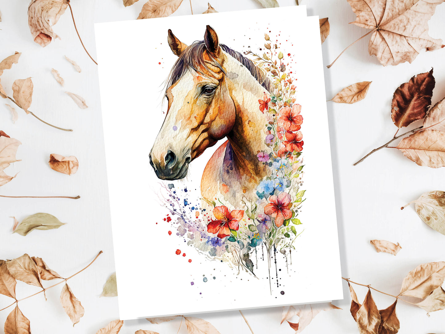 Watercolour Beautiful Horse With Flowers Painting Greeting Card