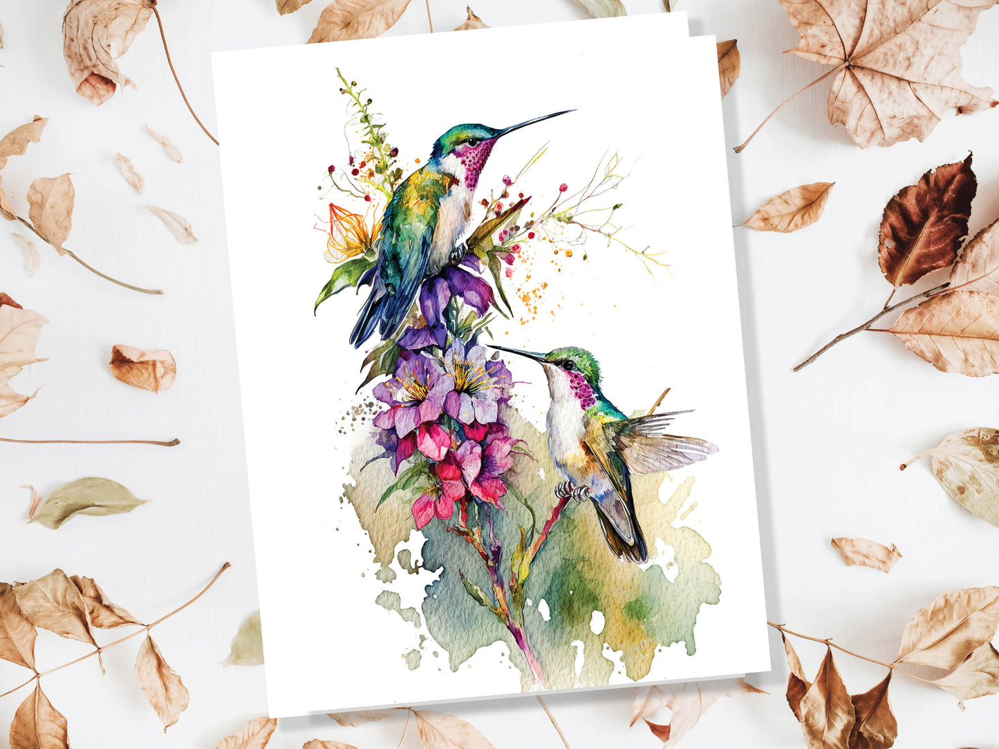 Watercolour Majestic Delightful Hummingbirds and Flowers Painting Greeting Card