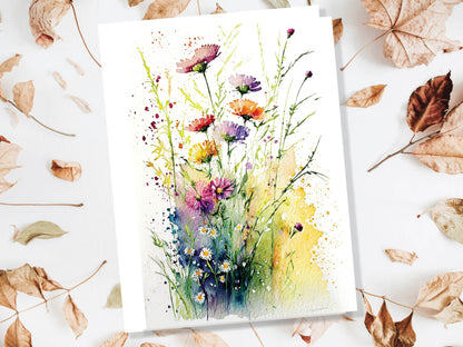 Watercolour Beautiful Field of Flowers Painting Greeting Card