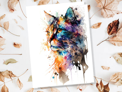 Watercolour Abstract Whimsical Cat Painting Greeting Card