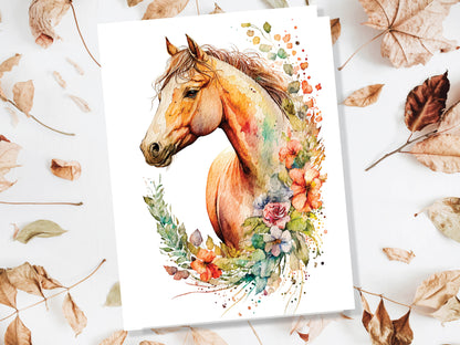 Watercolour Glamourous Horse With Flowers Painting Greeting Card