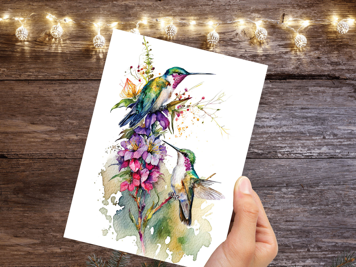 Watercolour Majestic Delightful Hummingbirds and Flowers Painting Greeting Card