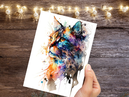 Watercolour Abstract Whimsical Cat Painting Greeting Card