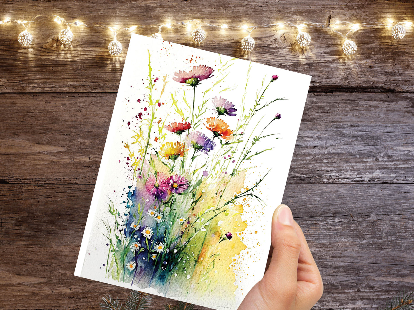 Watercolour Beautiful Field of Flowers Painting Greeting Card