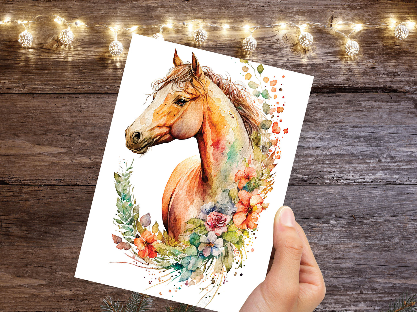 Watercolour Glamourous Horse With Flowers Painting Greeting Card