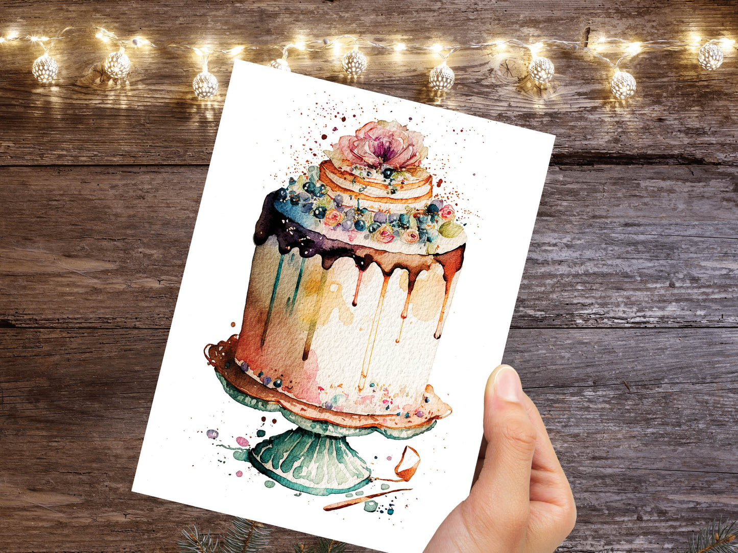 Watercolour Fluffy Birthday Cake Painting Greeting Card