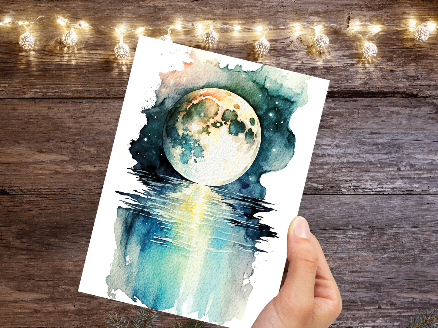 Watercolour Mystical Enchanting Moon Over Water Painting Greeting Card