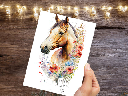 Watercolour Beautiful Horse With Flowers Painting Greeting Card