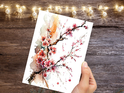 Watercolour Japanese Cherry Blossom Painting Greeting Card